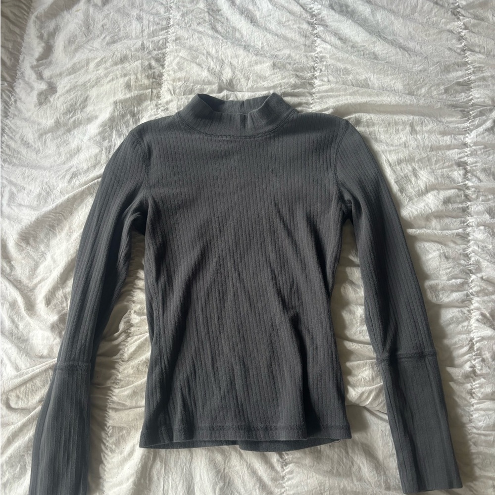 Free People Gray Ribbed Long Sleeve Top